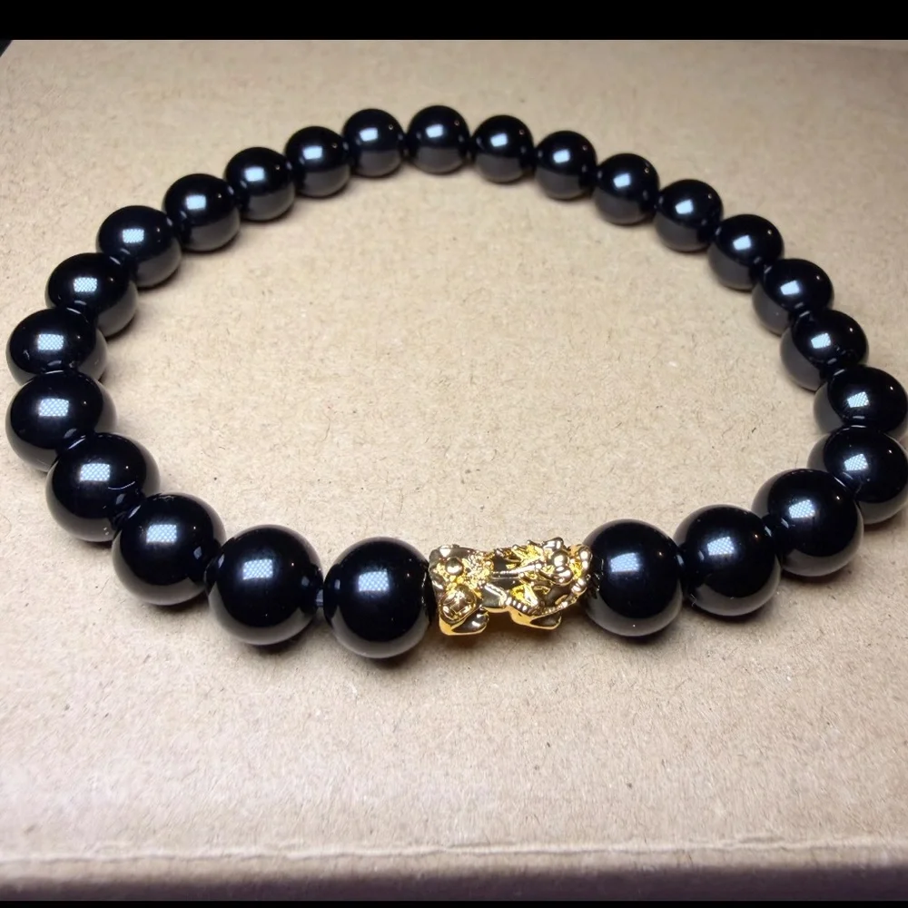 New 18K Solid Real Gold Bracelet Pixiu charm w black onyx unisex L large - Picture 2 of 4